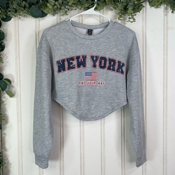 SHEIN New York Crop Top XS Sweatshirt Gray American Flag Casual Pullover USA - Picture 1 of 8